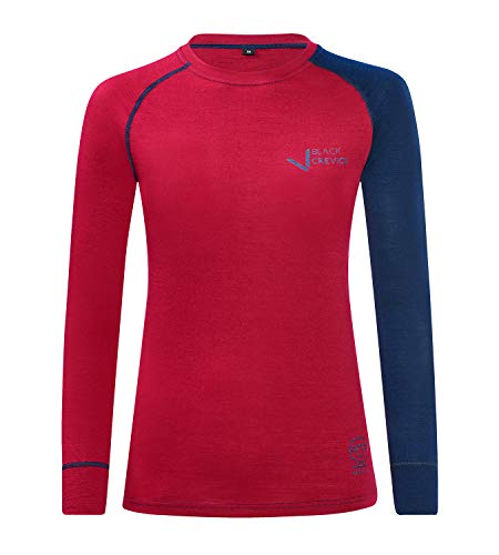 Black Crevice Damen Langarmshirt aus Merino Wolle in 38 - Blood red/Steel Blue I Funktionsshirt atmungsaktiv I Funktionsunterwäsche I Base Layer I Long Sleeve I Skiunterwäsche von Black Crevice