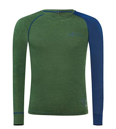 Black Crevice Herren Langarmshirt aus Merino Wolle in L - Forest Green/Steel Blue I Funktionsshirt atmungsaktiv I Funktionsunterwäsche I Base Layer I Long Sleeve I Skiunterwäsche von Black Crevice