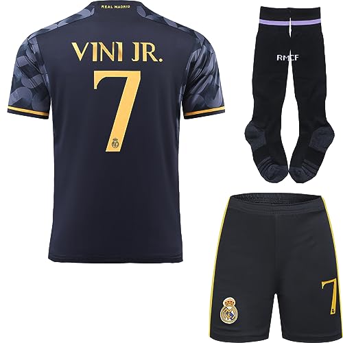 BlackAzat 2023/2024 Madrid Auswärts #7 Vini Jr. Vinicius Football Fußball Kinder Trikot Shorts Socken Set Jugendgrößen (Navy,20) von BlackAzat
