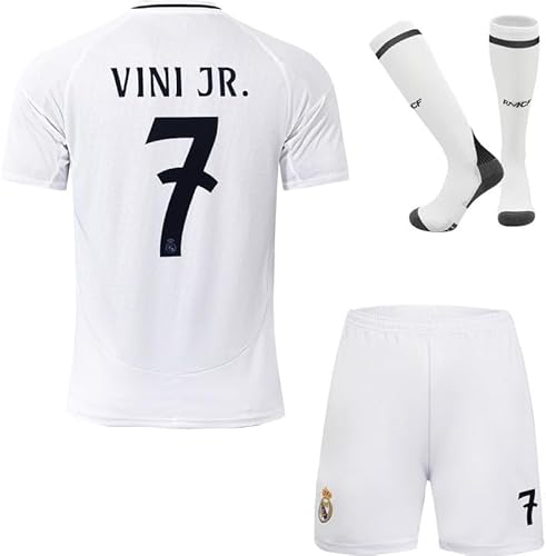 BlackAzat 2024/2025 Madrid Heim #7 Vini Jr. Vinicius Football Fußball Kinder Trikot Shorts Socken Set Jugendgrößen (Weiß/Gold,16.) von BlackAzat