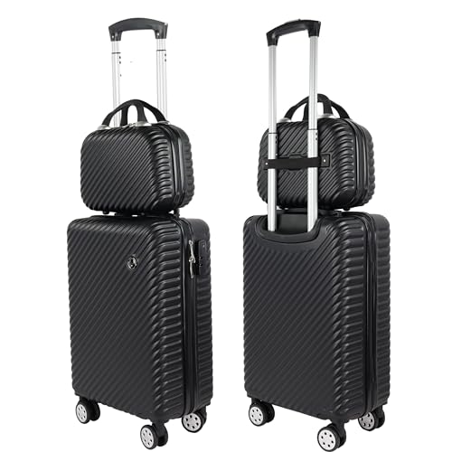 Blade Hartschalen-Koffer Trolley Set 2 Teiliges Rollkoffer Reisekoffer Handgepäck 4 Zwillingsrollens -Polypropylen Hartschalenkoffer mit Schloss in Set(M Handgepäck Koffer +XS Kosmetikkoffer)-Schwarz von Blade