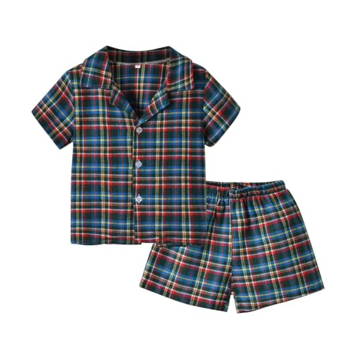 Blaward Kinder Schlafanzug Set für Mädchen und Jungen Baumwolle kurzärmlig Button Down Hemd und kurzer Sommer Pyjama für Babys und Kleinkinder Nachtwäsche mit Schottenmuster 2 teilig von Blaward