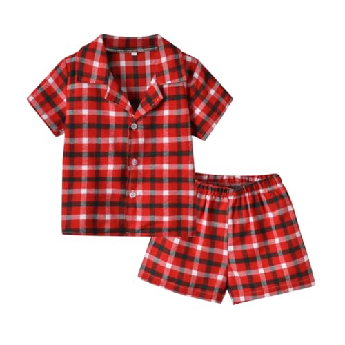 Blaward Kinder Schlafanzug Set für Mädchen und Jungen Baumwolle kurzärmlig Button Down Hemd und kurzer Sommer Pyjama für Babys und Kleinkinder Nachtwäsche mit Schottenmuster 2 teilig von Blaward