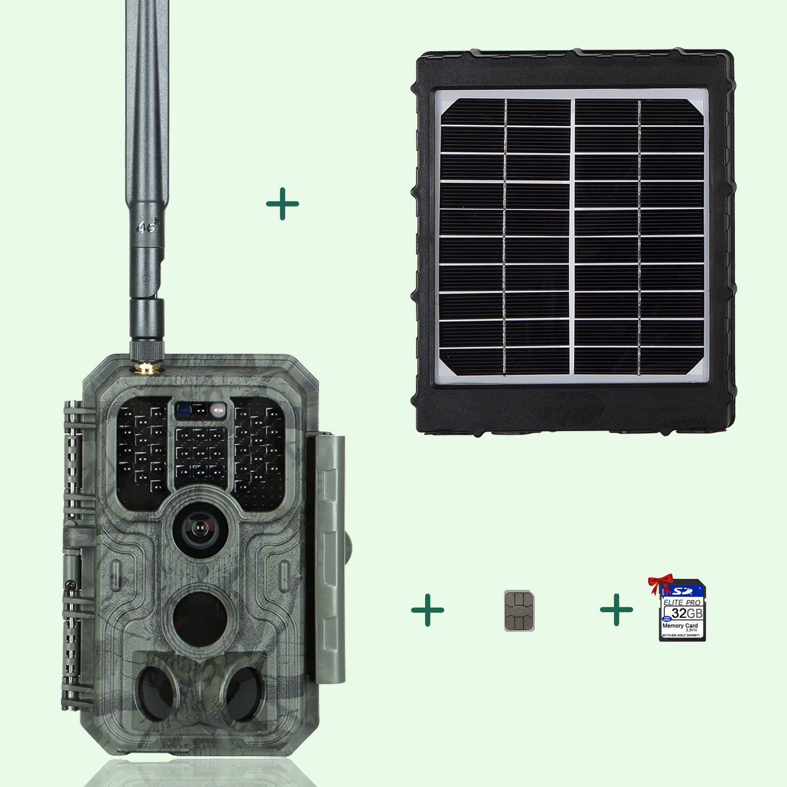 Bundle 4G LTE Wildkamera Wildtierkamera Jagdkamera 32MP mit SIM-Karte und 32GB Speicherkarte und Solarpanel-Kits A390G Green von BlazeVideo