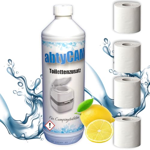 Bluecraft Sanitärflüssigkeit für Campingtoilette Toilettenzusatz abtyCam Sanitärzusatz Chemietoilette inkl. 4 Rollen Camping Toilettenpapier (1 Liter Flasche + 4 Rollen Toilettenpapier) von Bluecraft