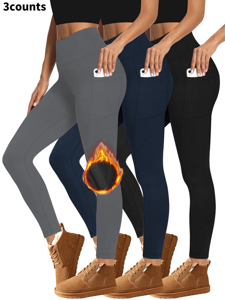 Blusmart Thermoleggings Fleece-Leggings für Herbst und Winter (Damen-Bauchstraffung mit hoher Taille, um warm zu bleiben, 3-tlg., Mit Doppeltaschen) Fitness-Trainings-Sport-Leggings von Blusmart