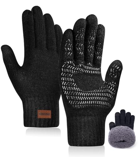 Bobelle Herren-Handschuhe-Winter, Touchscreen gestrickte thermische Handschuhe für Männer und Frauen mit verdickter elastischer Manschette, rutschfestes Silikon zum Tippen Fahren Angeln (Schwarz) von Bobelle