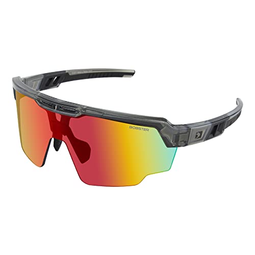 BOBSTER® Wheelie Fahrrad-Sonnenbrille, glänzender, transparenter grauer Rahmen, rauchfarbenes, schwarz-rotes Revo-Glas von Bobster