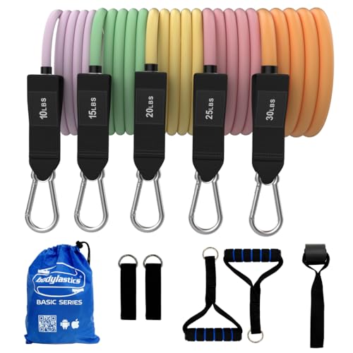 Bodylastics BASIC SERIES Widerstandsband-Set, Widerstandsbänder, Griffe, Knöchelriemen, Türanker, Tragetasche, robuste Übungsbänder, patentierte Clips und Schnappreduzierungstechnologie (4,5–90,7 kg, von Bodylastics