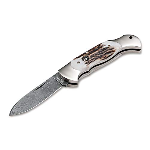 Böker Manufaktur Solingen Unisex – Erwachsene Scout Spearpoint Hirschhorn Damast Taschenmesser, Silber, 18,2 cm von Böker