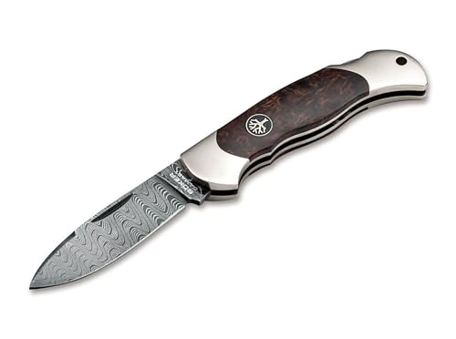 Böker Manufaktur Solingen Unisex – Erwachsene Junior Scout Spearpoint Maserbirke Damast Taschenmesser, Silber, 16 cm von Böker