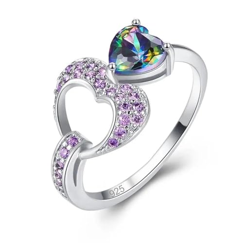 Ring Ringe Damen Bijouterie Herren Lila Und Rosa Doppelherzring, Romantischer Liebhaberschmuck, Einzigartig Und Bezaubernd 7 Versilbert von Bokmergne