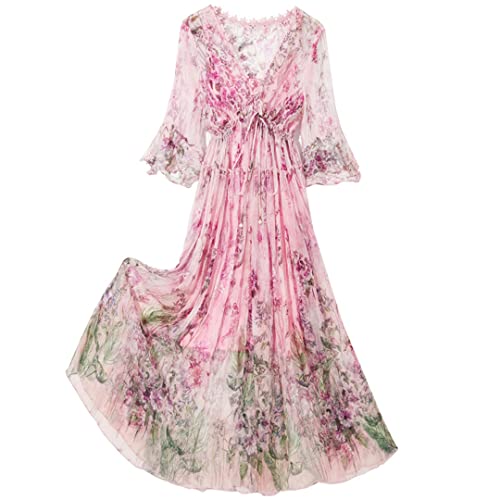 100% Seide Damen Kleid Blumen V Ausschnitt Kurzarm Rüschen Spitze Blumendruck A Linie Midikleid Rosa S von Bollrllr