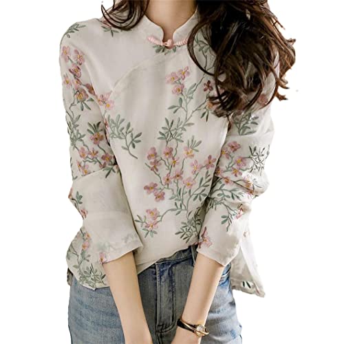 Bollrllr Koreanisches japanisches Blumenmuster Cheongsam Top Damen Baumwolle Leinen Hemd Retro Knopf Damen Bluse von Bollrllr