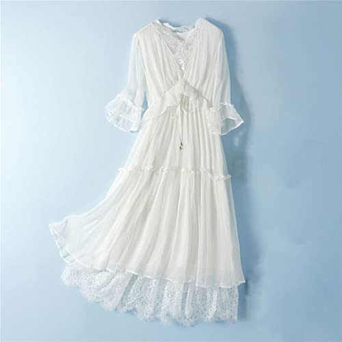 Damen Koreanischer Stil Weiß Rüschen Plissee Midi Kleid 100% Seide Retro Casual Lang Kleid Weiß XL von Bollrllr
