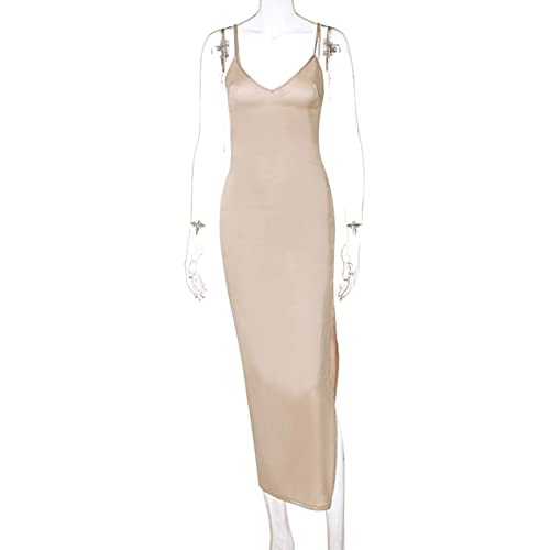 Bopchk Rückenfreies Spaghetti-Träger-reizvolles Langes Kleid-Frauen-hohes Geteiltes Mantel-festes Satin-Maxi-langes Kleid-Sommer-Strand-Party-Kleid,Beige,L Bopchk Rückenfreies Spaghetti-Träger-reizvolles Langes Kleid-Frauen-hohes Geteiltes Mantel-festes Satin-Maxi-langes Kleid-Sommer-Strand-Party-Kleid,Beige,L von Bopchk