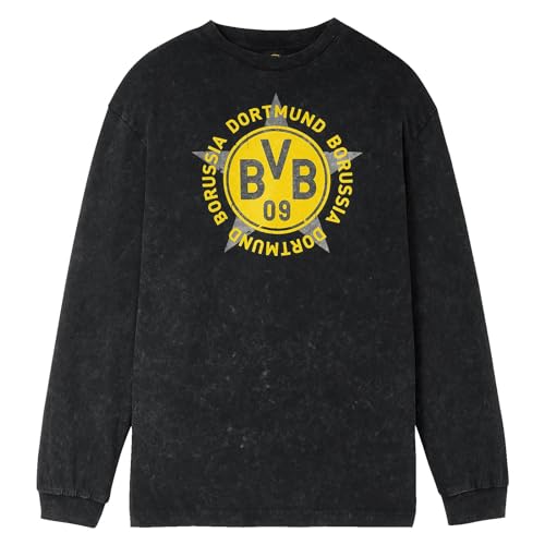 BVB RETRO LONGSLEEVE WASHED GREY: Dunkelgraues Oversized Sweatshirt im 90er Jahre Design mit Großem BVB-Emblem und Stern von Borussia Dortmund