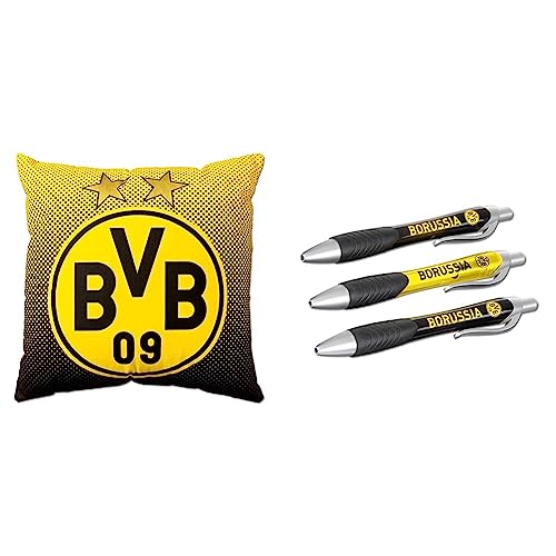 Borussia Dortmund, Polyester, BVB-Kissen mit Emblem, Schwarz/Gelb, 40x40cm, 1 Stück (1er Pack) & BVB-Kugelschreiber (3er-Set) von Borussia Dortmund
