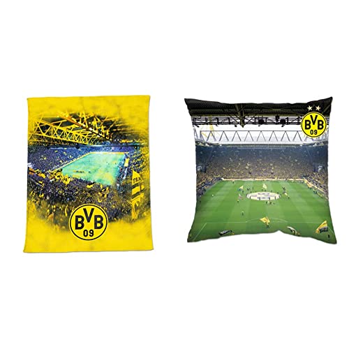 Borussia Dortmund BVB-Fleecedecke mit Stadionprint, 150x200cm & BVB-Kissen Südtribüne, Mehrfarbig, 40x40cm von Borussia Dortmund