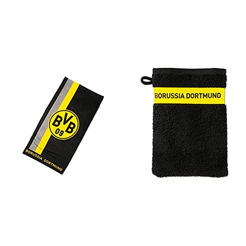 Borussia Dortmund BVB-Handtuch mit Logo im Streifenmuster 50x100cm & BVB-Waschhandschuh (20x10cm) von Borussia Dortmund