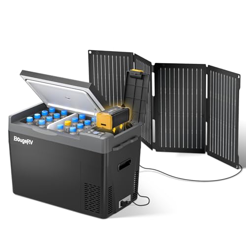 BougeRV CRPRO 29 L 12V/24V Kompressor Kühlbox + 220Wh Powerstation + 50W ETFT faltbarem Solarpanel für Ladung zu Powerstation, für Camping, Urlaub, Roadtrip, Garten von BougeRV