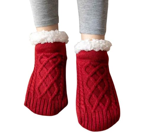 BrOleo 3 Paar Slipper Socken mit Griff,Zopfmuster,Flauschige Socken,gemütliche Fleece gefütterte Bettsocken,rutschfeste Winter Wollsocken,warme,hochwertige,weiche Schlafsocken,Geschenke für Damen,rot von BrOleo