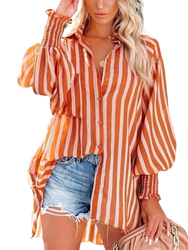 BROLEO Damen Bluse mit Ballonärmeln Knopfleiste und Taschen gestreift Tunika Tops modisch hoch tief unregelmäßiger Saum Hemd Urlaubsmantel Bikini Überzug Büro Business Bluse Orange L BROLEO Damen Bluse mit Ballonärmeln Knopfleiste und Taschen gestreift Tunika Tops modisch hoch tief unregelmäßiger Saum Hemd Urlaubsmantel Bikini Überzug Büro Business Bluse Orange L von BROLEO