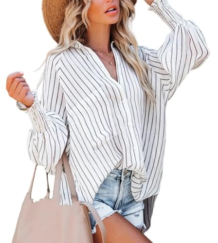 BROLEO Damen Bluse mit Ballonärmeln Knopfleiste und Taschen gestreift Tunika Tops modisch hoch tief unregelmäßiger Saum Hemd Urlaubsmantel Bikini Überzug Büro Business Bluse Weiß XL BROLEO Damen Bluse mit Ballonärmeln Knopfleiste und Taschen gestreift Tunika Tops modisch hoch tief unregelmäßiger Saum Hemd Urlaubsmantel Bikini Überzug Büro Business Bluse Weiß XL von BROLEO