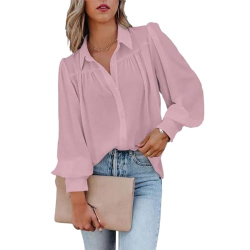 BROLEO Damenmode,Plissiertes Chiffon Satin Blusenhemd,Ballon Langarm Tunika Hemd,Chiffon Glänzendes Hemd,sexy Party Oberteile,lässige Büro Business Bluse für Mädchen und Damen,Pink,L von BROLEO