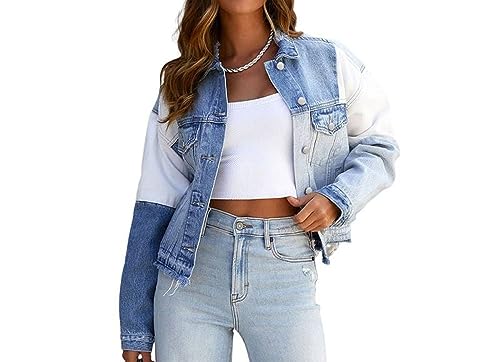 Jeans Jacken Für Damen,Damen Kurze Jeansjacke Patchwork Roher Saum Jeans Tops Maßgeschneiderte Stretch Trucker Casual Outwear Distressed Button Denim Mantel Strickjacke Jeansjacke Für Mädchen Herbst Jeans Jacken Für Damen,Damen Kurze Jeansjacke Patchwork Roher Saum Jeans Tops Maßgeschneiderte Stretch Trucker Casual Outwear Distressed Button Denim Mantel Strickjacke Jeansjacke Für Mädchen Herbst von BROLEO