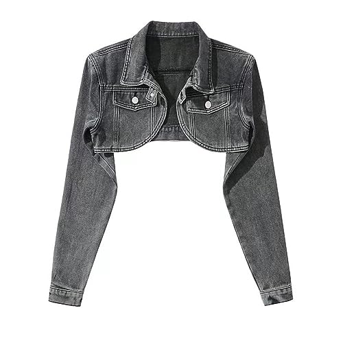 Jeansjacke Damen,Kurze Jeansjacke Für Damen Distressed Bolero Schulterzucken Kurze Tops Maßgeschneiderter Stretch Trucker Outwear Kurzer Denim Mantel Mit Knöpfen Strickjacke Jeansjacke Für Mädchen H von BROLEO