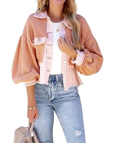 Jeansjacke Mädchen,Damenmode Basic Jeansjacke Soild Roher Saum Fledermausärmel Jeans Tops Maßgeschneiderter Stretch Trucker Button Denim Mantel Cardigan Kurz Geschnittene Jeansjacke Für Mädchen Herb von BrOleo