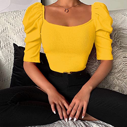 Oberteile Damen,Damenbluse Mit Quadratischem Ausschnitt, Sommerhemden, Schmal, Puffärmel, Basic-Tanktops, Elegante Bluse, T-Shirt-Jacke, Lässige Bluse, Tunika, Sweatshirt-Tops Für Damen, Gelb, S Oberteile Damen,Damenbluse Mit Quadratischem Ausschnitt, Sommerhemden, Schmal, Puffärmel, Basic-Tanktops, Elegante Bluse, T-Shirt-Jacke, Lässige Bluse, Tunika, Sweatshirt-Tops Für Damen, Gelb, S von BROLEO