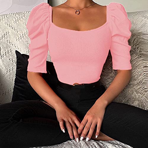 Oberteile Damen Sommer,Damenbluse Mit Quadratischem Ausschnitt, Sommerhemden, Schmal, Puffärmel, Basic-Tanktops, Elegante Bluse, T-Shirt-Jacke, Lässige Bluse, Tunika, Sweatshirt-Tops Für Damen, Rosa von BrOleo