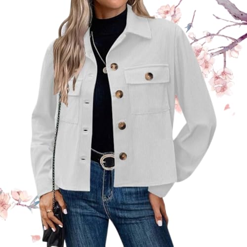 Corduroy Jacket Women Button Down Cropped Shirt Jacket Dressy Casual Shacket with Pockets Long Sleeve Corduroy (White,Medium) von BreWel