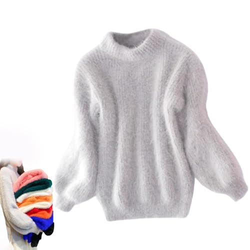 Lady Winter Angora Cashmere Blend Loose Warm Sweater Casual Thick Fleece Turtleneck Sweater Solid Color Crewneck Knit Pullover Sweater (Grau,Einheitsgröße) von BreWel