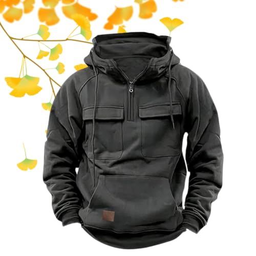 Mens Tactical Sweatshirts Solid Cargo Hoodies Viertel Zip Up Langarm mit Mehreren Taschen Outdoor Workout Pullover (Grau,Mittel) von BreWel