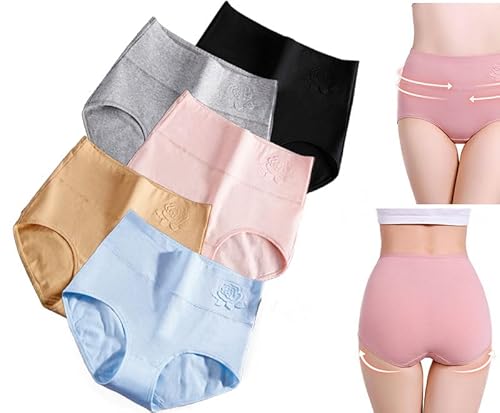 Women's Briefs Underwear Cotton High Waist Tummy Control Panties Rose Jacquard Leakproof Panties (5PCS-D,3XL) von BreWel