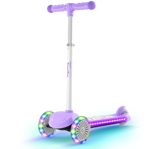 BremToy Roller Kinder 3 Jahre, Kinder Roller mit Leuchtendem Deck und PU-LED-Rädern, 4-Stufig Höhenverstellbarer, Reaktionsschnelles Bremsen, leicht, Kinderroller für von 3–8 Jahren,Violett von BremToy