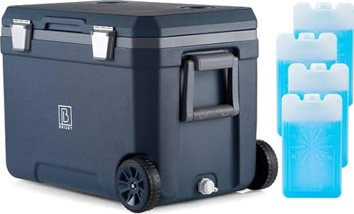 Brisby Kühlbox Camping - 45L, Kühlbox ohne Strom, inkl. 4 Dicke Kühlelemente, 3 Tage kühle Isolation, mit Rollen, solide und robust Design, Blau von Brisby