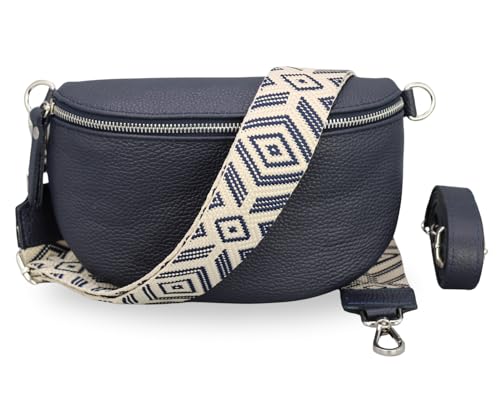 BRISE Bauchtasche Damen Echtes Leder SAHEL Handgemachte Umhängetasche Crossbody Bag Hüfttasche mit Ledergurt + Optionalen Breiten Gemusterten Riemen Gürteltasche Made in Italy (Navyblau-Silber 5) von Brise Art