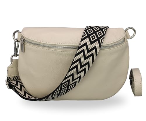 BRISE Damen Bauchtasche AFIA Handgemachte Umhängetasche Crossbody Bag Echtes Leder mit Ledergurt + Optionalen Breiten Gemusterten Riemen 3 Fächer Stylische Made in Italy Gürteltasche (Beige-4) von Brise Art