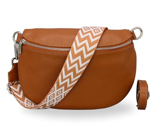 BRISE Bauchtasche Damen Echtes Leder AFIA Handgemachte Umhängetasche Crossbody Bag mit Ledergurt + Optionalen Breiten Gemusterten Riemen 3 Fächer Stylische Made in Italy Gürteltasche (Cognac Braun-3) von Brise Art