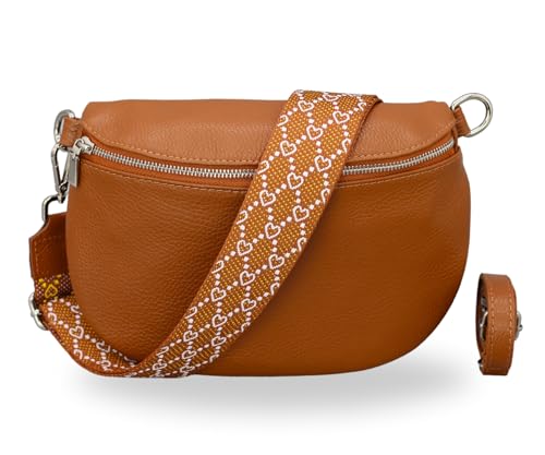 BRISE Bauchtasche Damen Echtes Leder AFIA Handgemachte Umhängetasche Crossbody Bag mit Ledergurt + Optionalen Breiten Gemusterten Riemen 3 Fächer Stylische Made in Italy Gürteltasche (Cognac Braun-5) von Brise Art