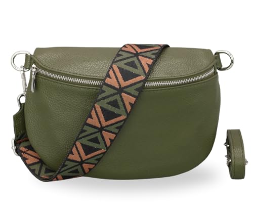 BRISE Damen Bauchtasche AFIA Handgemachte Umhängetasche Crossbody Bag Echtes Leder mit Ledergurt + Optionalen Breiten Gemusterten Riemen 3 Fächer Stylische Made in Italy Gürteltasche (Khaki-3) von Brise Art