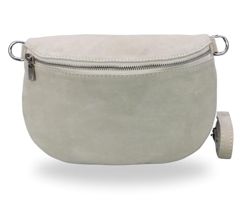 BRISE Damen Bauchtasche AFIA Handgemachte Umhängetasche Crossbody Bag aus Wildleder mit Ledergurt + Optionalen Breiten Gemusterten Riemen 3 Fächer Stylische Made in Italy Gürteltasche (Beige - 1) von Brise Art