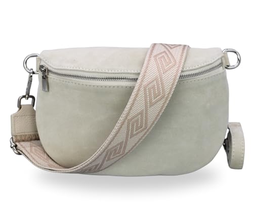 BRISE Damen Bauchtasche AFIA Handgemachte Umhängetasche Crossbody Bag aus Wildleder mit Ledergurt + Optionalen Breiten Gemusterten Riemen 3 Fächer Stylische Made in Italy Gürteltasche (Beige - 3) von Brise Art