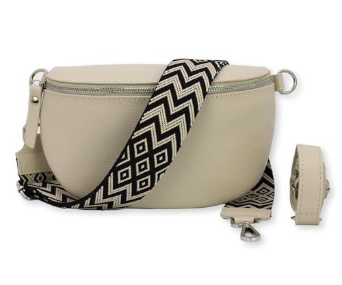 BRISE Damen Bauchtasche SAHEL Handgemachte Umhängetasche Crossbody Bag Gürteltasche Echtes Leder mit Ledergurt + Optionalen Breiten Gemusterten Riemen Made in Italy Hüfttasche (Beige-Silber 4) von Brise Art