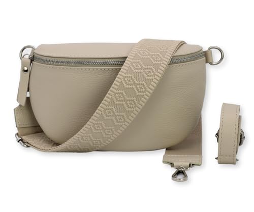 BRISE Damen Bauchtasche SAHEL Handgemachte Umhängetasche Crossbody Bag Gürteltasche Echtes Leder mit Ledergurt + Optionalen Breiten Gemusterten Riemen Made in Italy Hüfttasche (Beige-Silber 5) von Brise Art