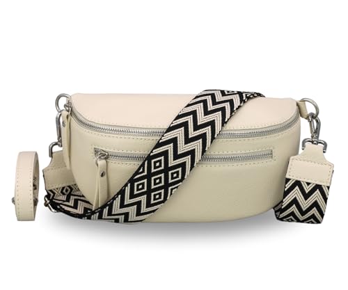 BRISE Damen Bauchtasche LUCIA Handgemachte Umhängetasche Crossbody Bag Echtes Leder mit Ledergurt + Optionalen Breiten Gemusterten Riemen 3 Fächer Stylische Made in Italy Gürteltasche (Beige - 4) von Brise Art